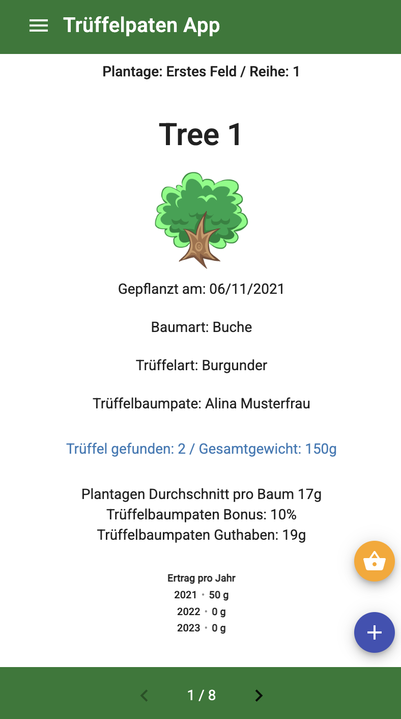 Trüffelpaten-App – Baumdetailansicht mit Historie und Pflegeschritten