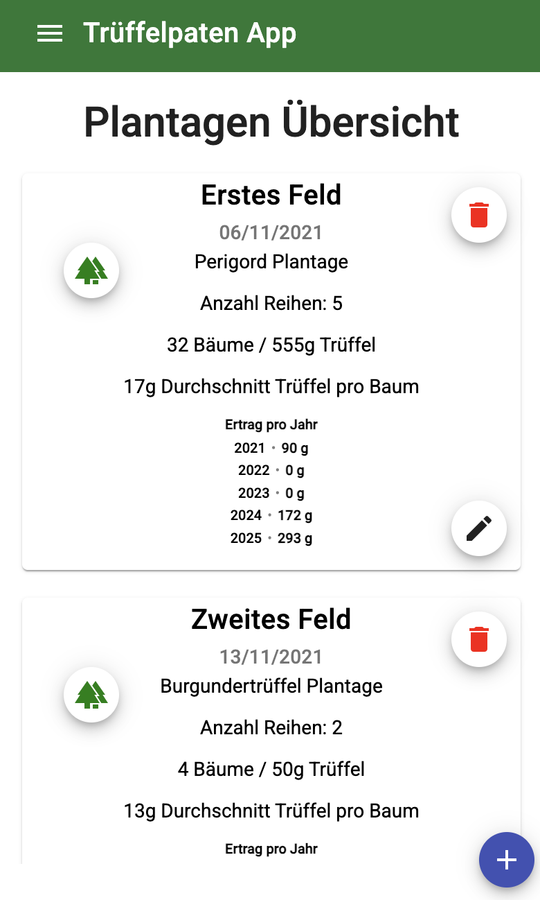 Trüffelpaten-App – Plantagenübersicht mit Kartenlayern und Reihenstatus